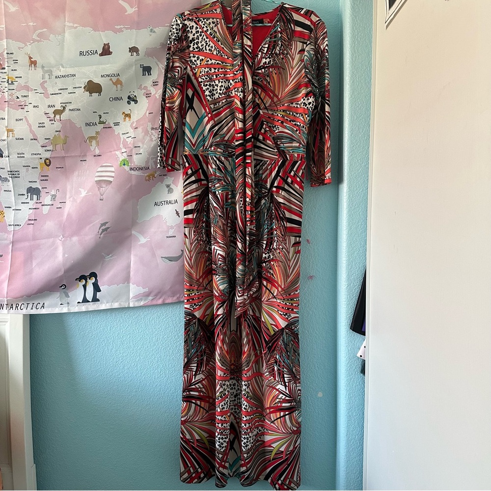 Ellen Tracy Red and Black Patterned Dress with Belt